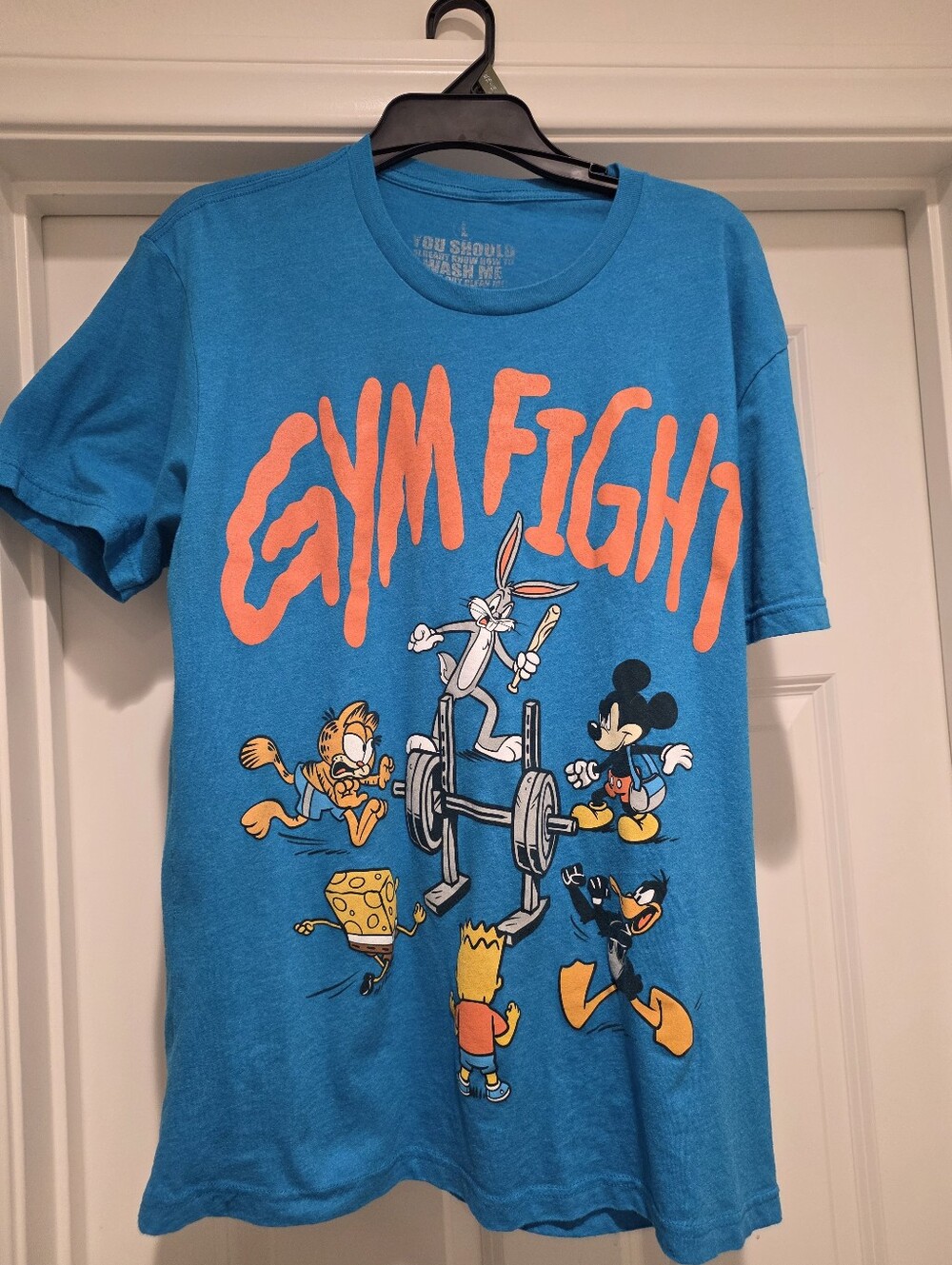 Super Fresh "Gym Fight" Cartoon Graphic Tee - Bright Teal with Orange Print